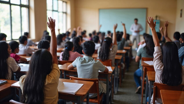 Students raising their hands to answer in a classroom while a teacher writes on the board